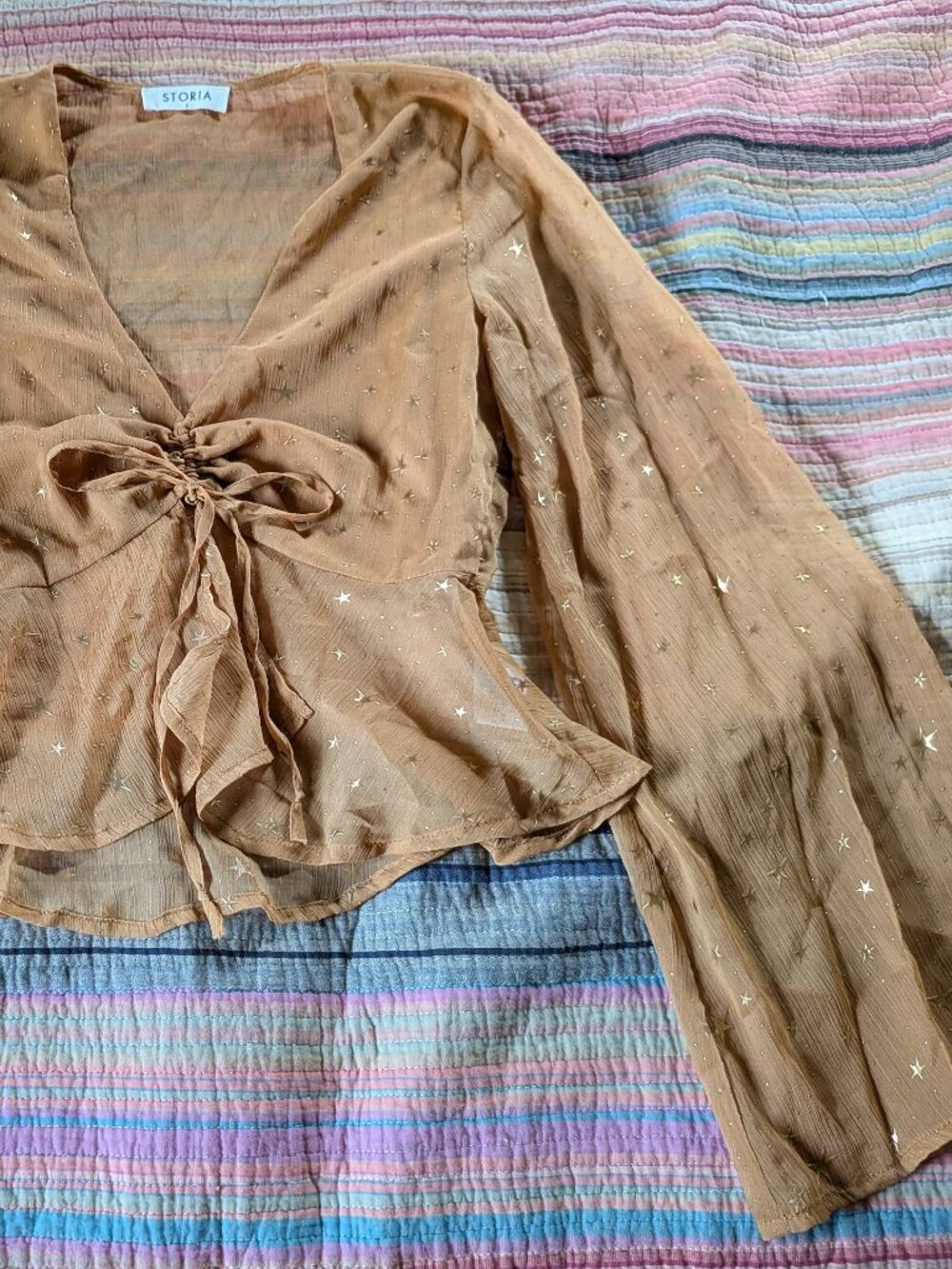 Storia Size S Sheer Gold Star Peplum Top